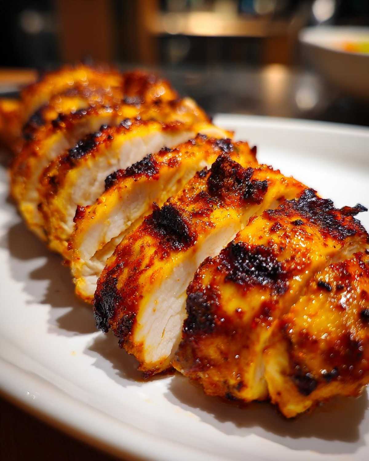 Close-up of perfectly cooked and sliced fiesta lime chicken breasts showing juicy white meat and charred, seasoned exterior.