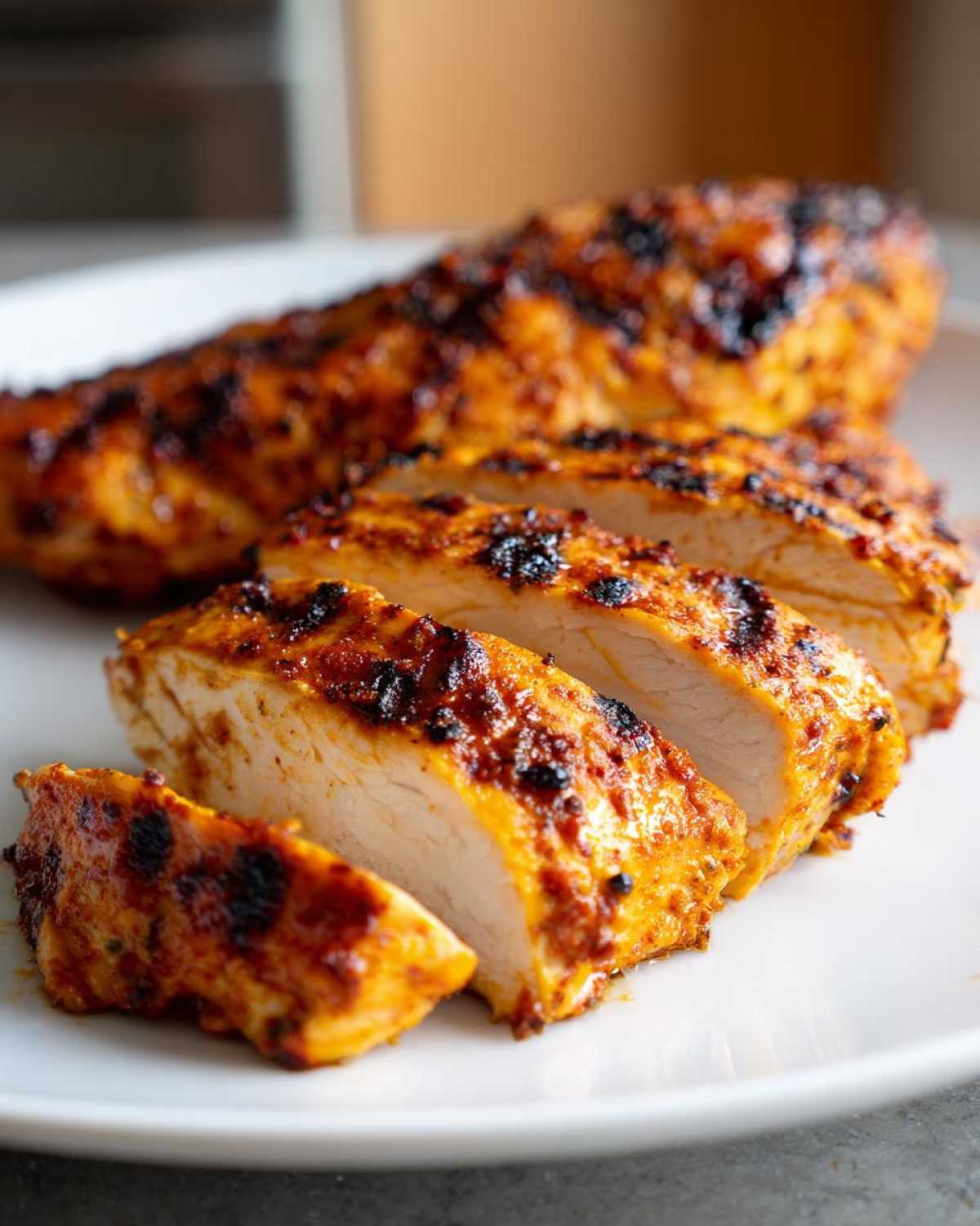Close-up of perfectly cooked and sliced Fiesta Lime Chicken breasts showing juicy white meat and charred, seasoned exterior.