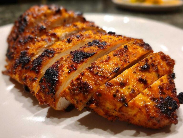 Close-up of perfectly cooked and sliced fiesta lime chicken breast showing a juicy interior and charred, seasoned exterior.
