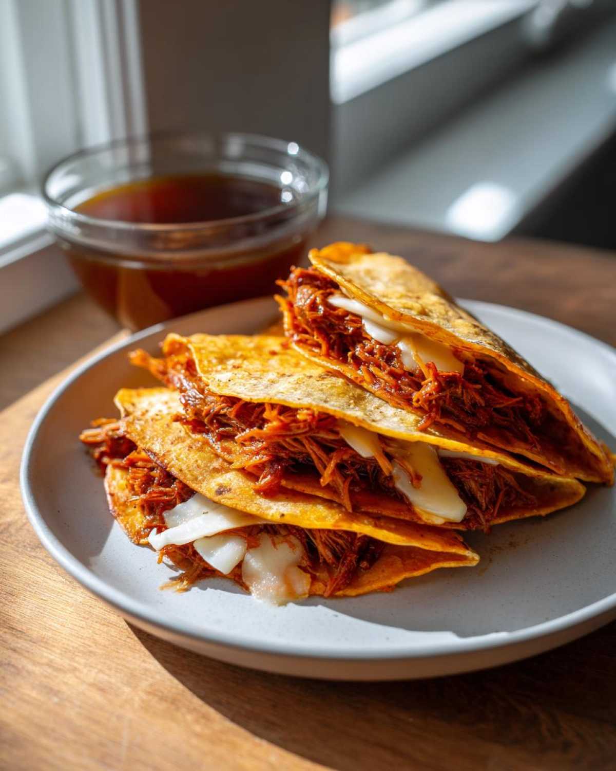 A stack of three cheesy Slow Cooked Birria Tacos filled with shredded red meat, served next to a bowl of consommé.