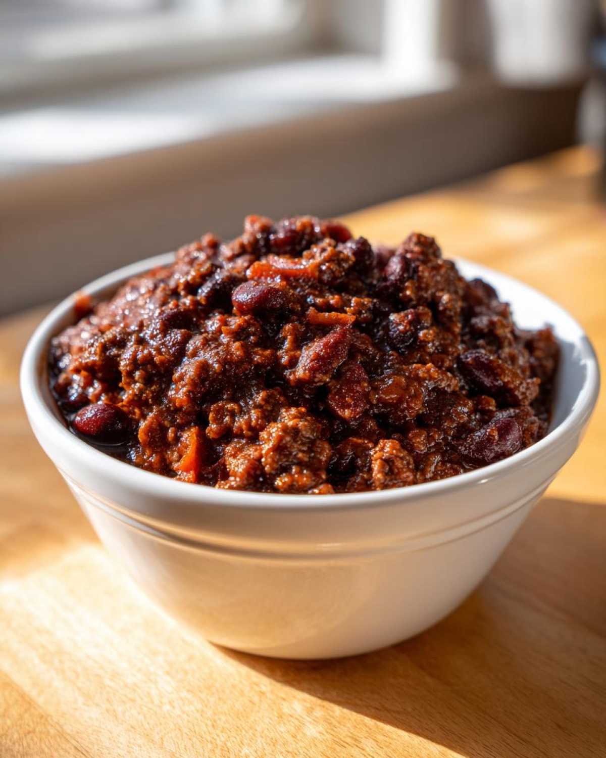 A close-up of rich, dark Slow Cooker Cowboy Beans served in a white bowl on a wooden surface.