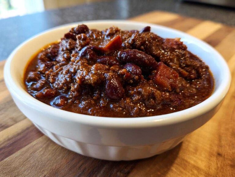Close-up of a hearty serving of rich, dark Slow Cooker Cowboy Beans with visible kidney beans and ground meat.