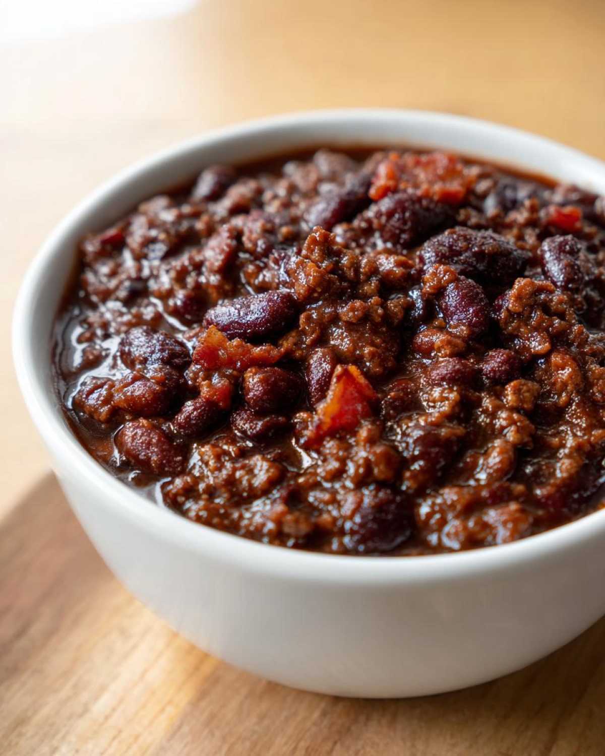 Close-up of rich, thick Slow Cooker Cowboy Beans featuring kidney beans and ground meat in a white bowl.