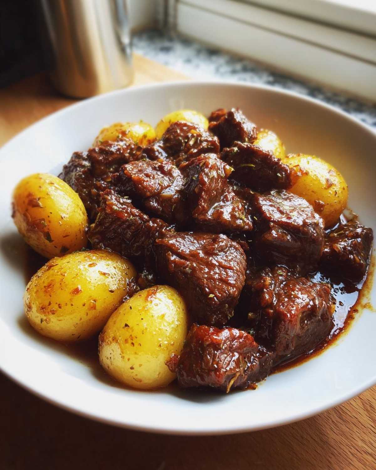 A white bowl filled with tender chunks of Slow Cooker Garlic Butter Beef with Potatoes, coated in a rich brown sauce.