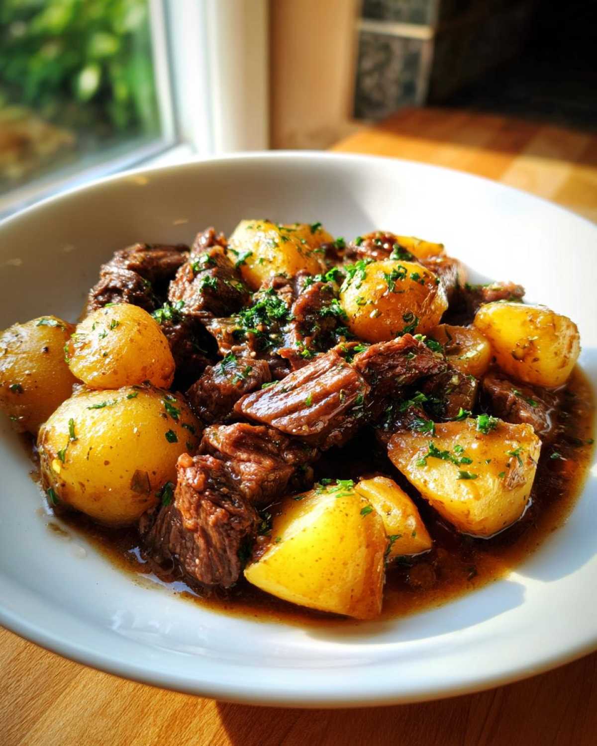 A white bowl filled with tender chunks of Slow Cooker Garlic Butter Beef with Potatoes, garnished with fresh parsley.