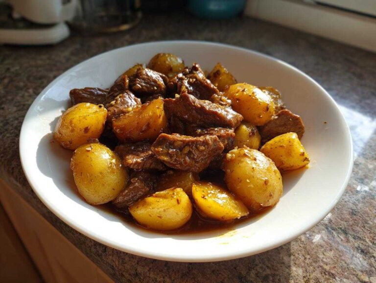 A white bowl filled with tender chunks of Slow Cooker Garlic Butter Beef with Potatoes coated in a rich sauce.