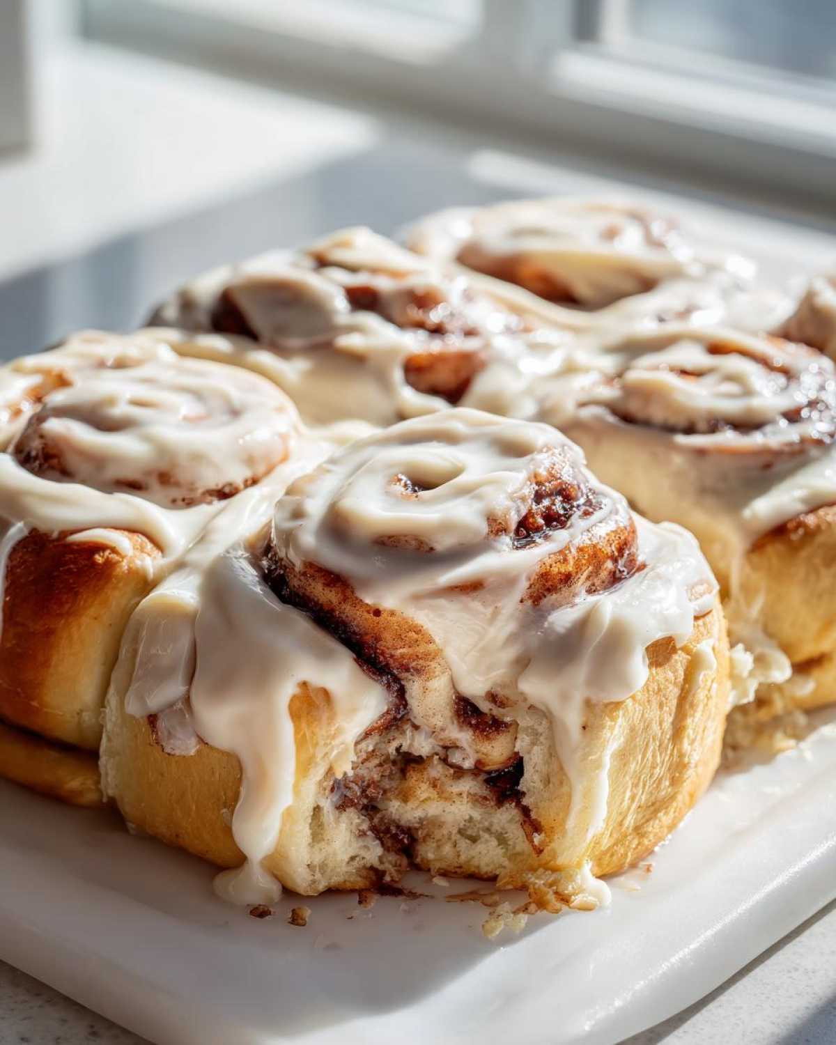 Close-up of several soft, freshly baked cinnamon buns covered in thick, dripping cream cheese icing, one has a bite taken out.