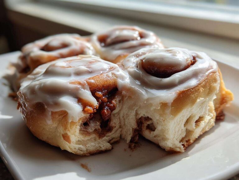 Close-up of fluffy, freshly baked cinnamon buns topped with thick white icing, one bun is pulled apart.