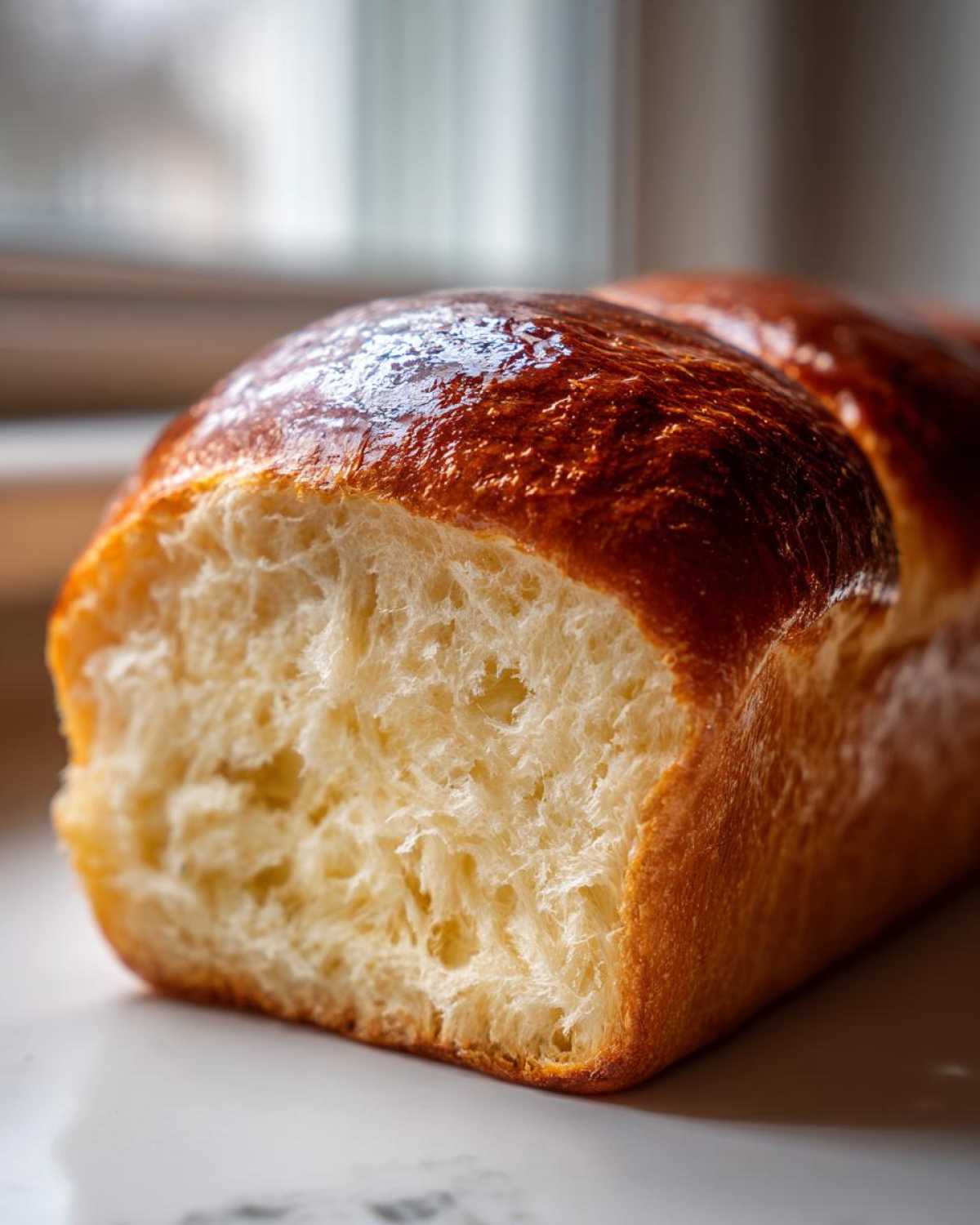 Close-up of a freshly baked milk bread loaf showing its incredibly soft, fluffy interior and glossy, golden-brown crust.