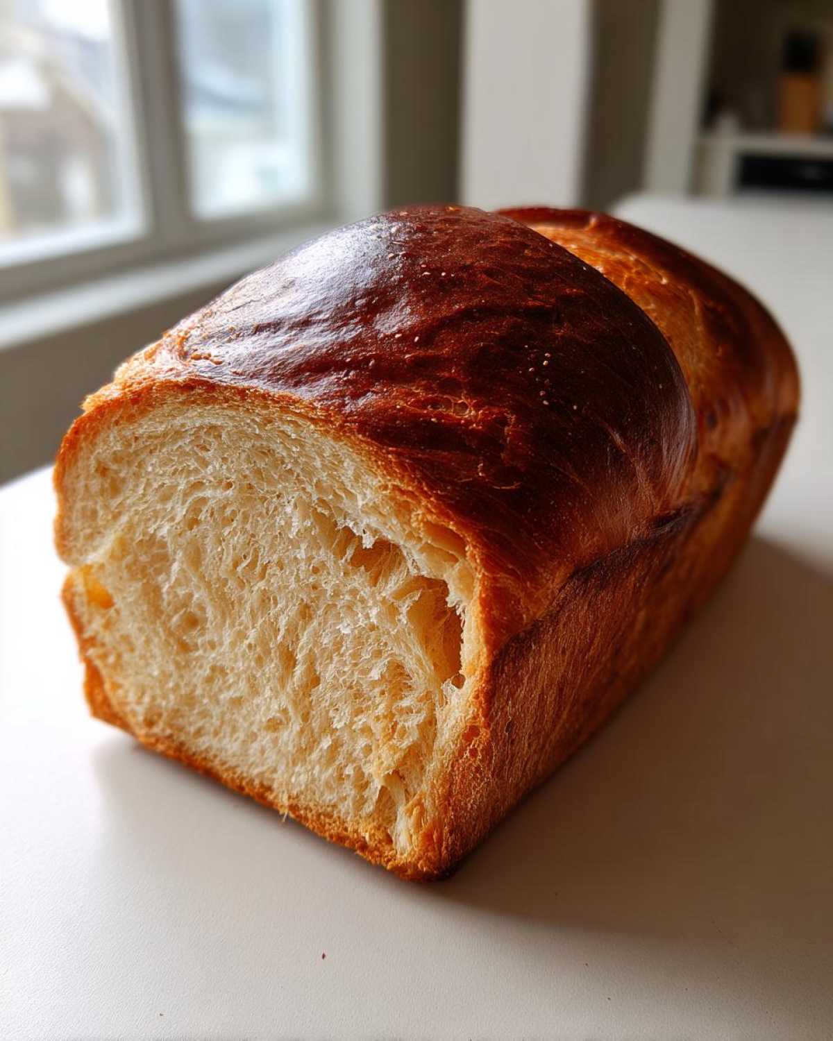 A freshly baked loaf of milk bread, sliced to show its incredibly soft, fluffy interior and deeply browned crust.