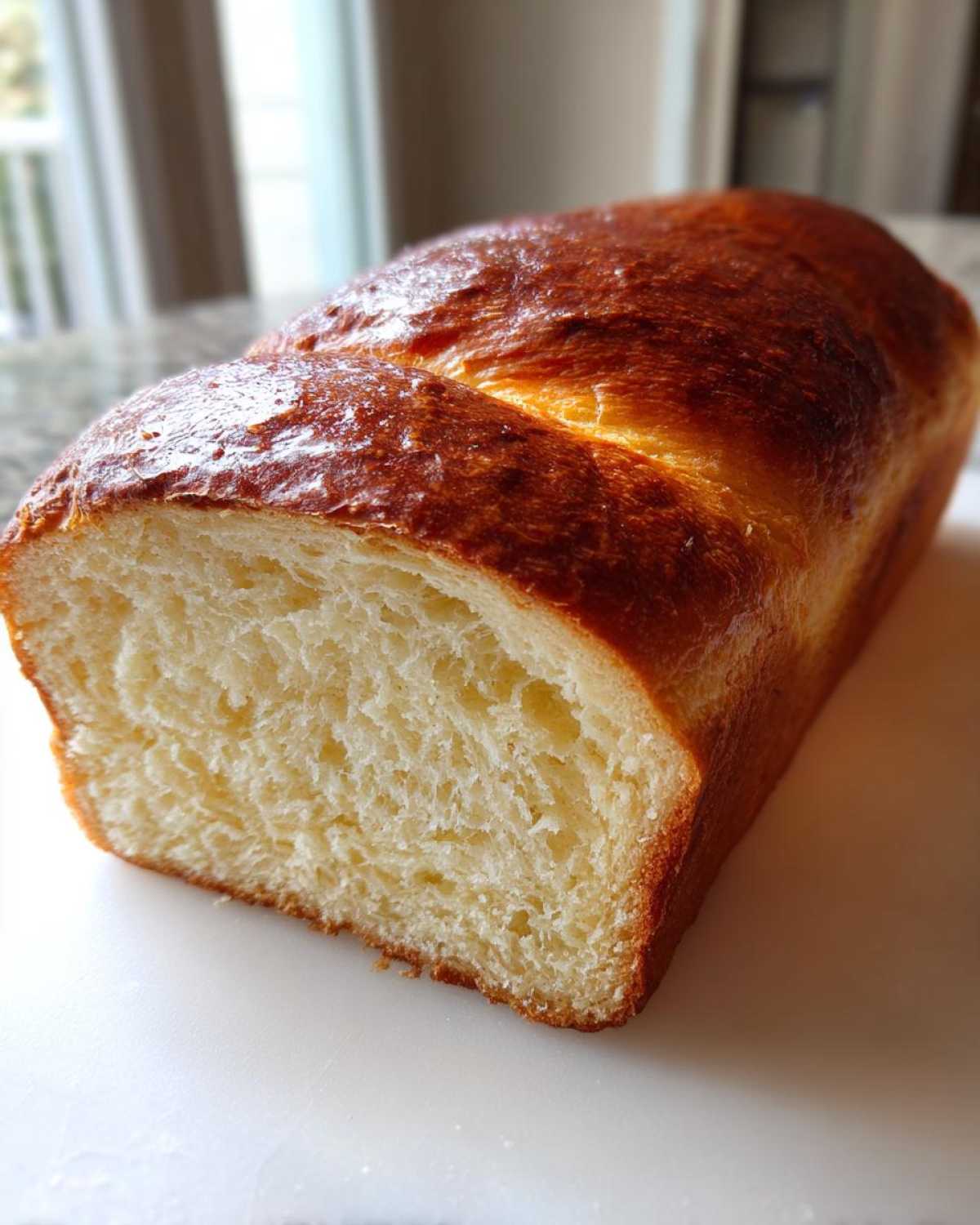 A close-up of a freshly baked loaf of milk bread, showing its golden-brown crust and soft, fluffy interior crumb.