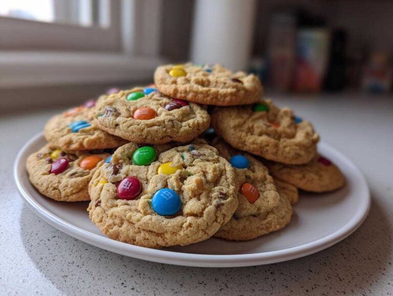 A generous stack of soft, freshly baked m&m cookies piled high on a white plate.
