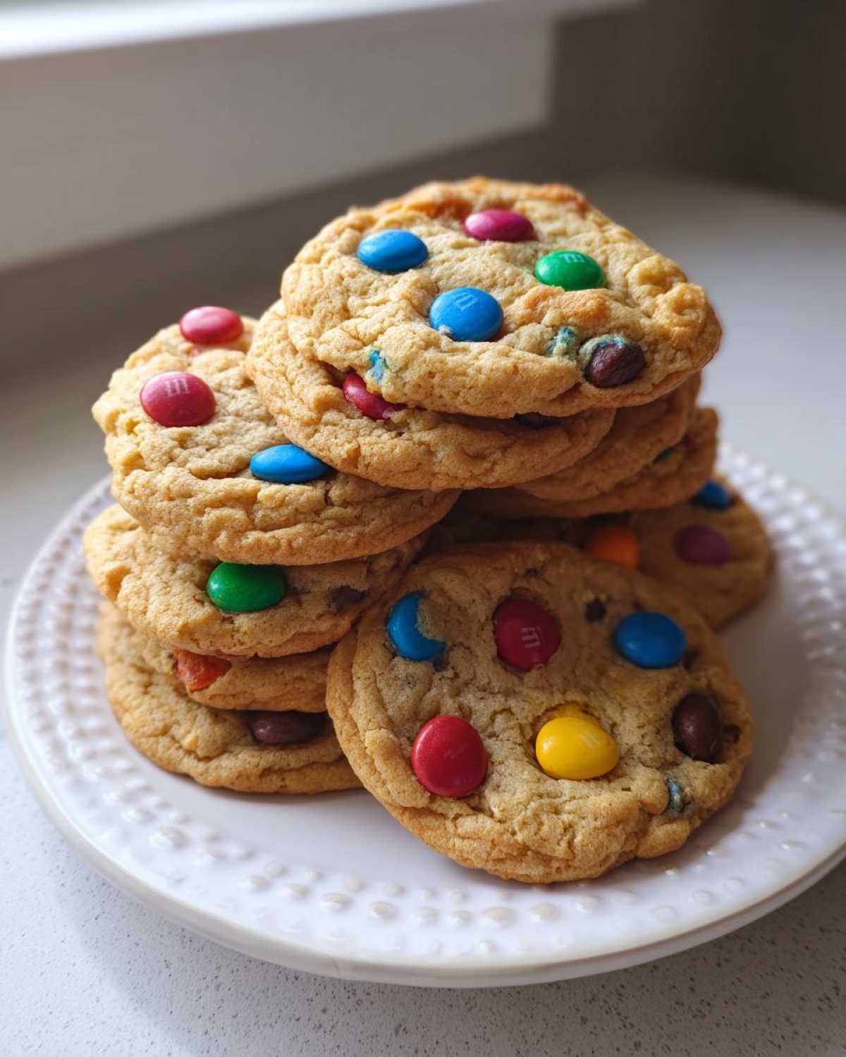 A close-up stack of soft, chewy m&m cookies loaded with colorful candies on a white plate.