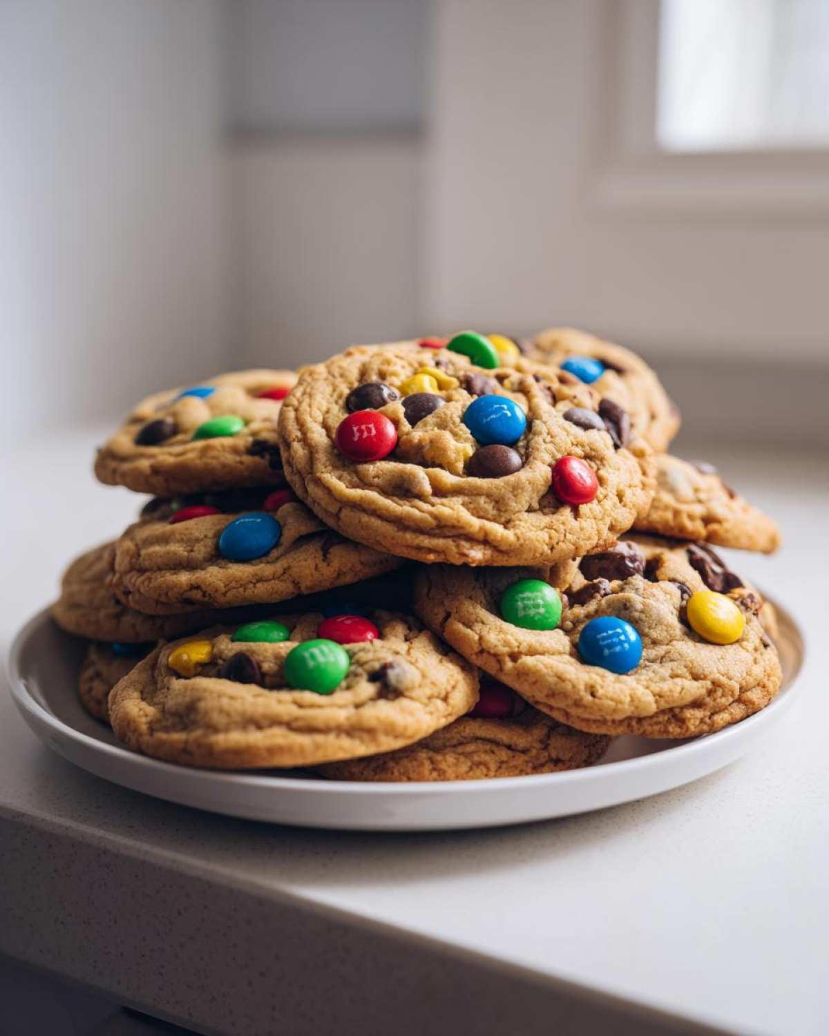 A tempting stack of freshly baked, soft m&m cookies piled high on a white plate.