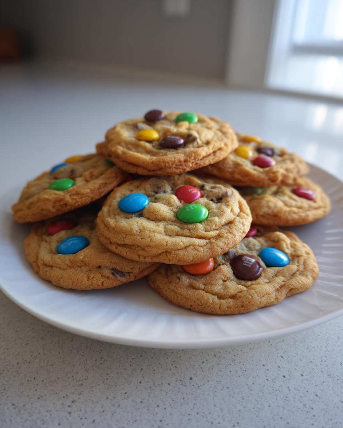 A stack of freshly baked, soft m&m cookies piled high on a white plate, featuring colorful candy pieces.