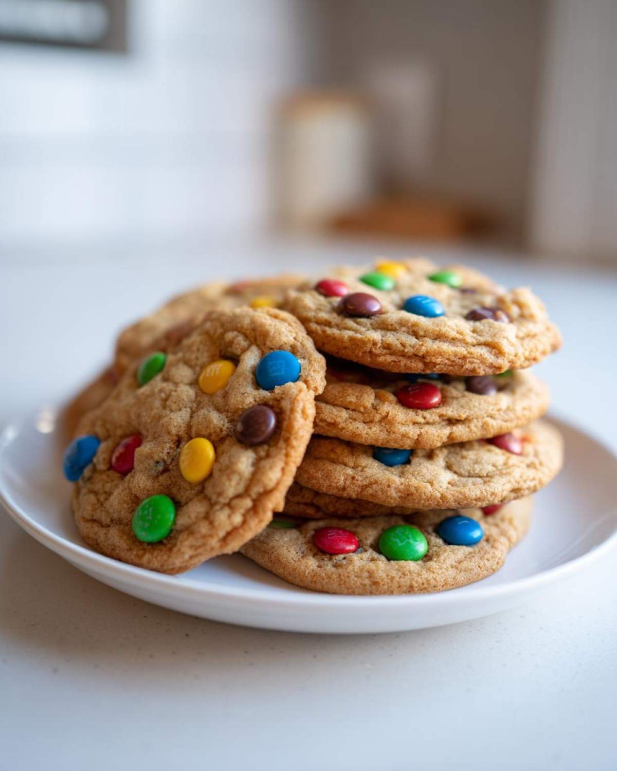 A tempting stack of soft, freshly baked m&m cookies piled on a white plate.
