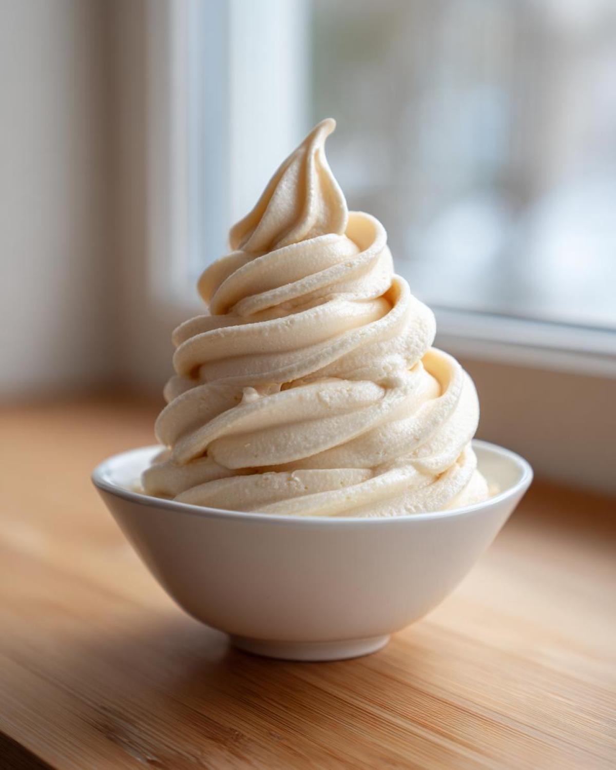 A perfectly swirled serving of creamy banana ice cream in a small white bowl.