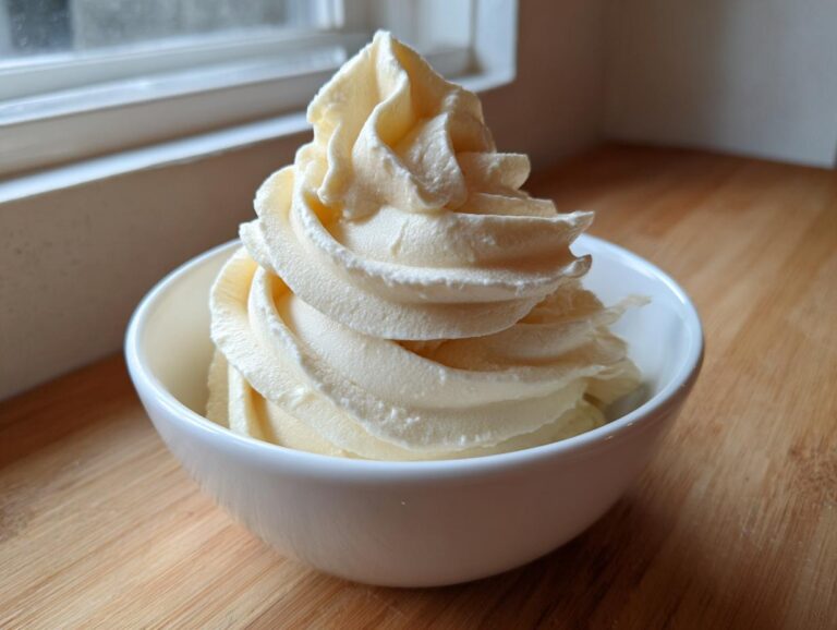 A perfect swirl of creamy, pale yellow banana ice cream served in a small white bowl.