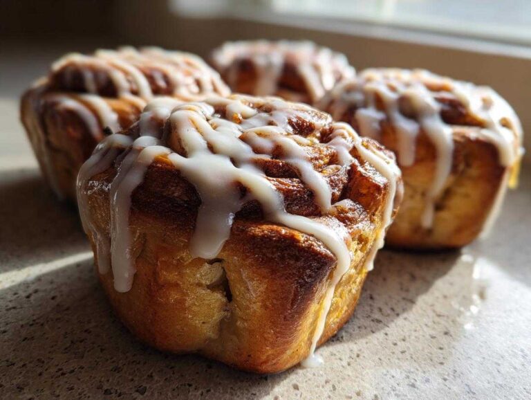 Four freshly baked Sourdough Cardamom Buns drizzled generously with white icing, shown in a close-up shot.