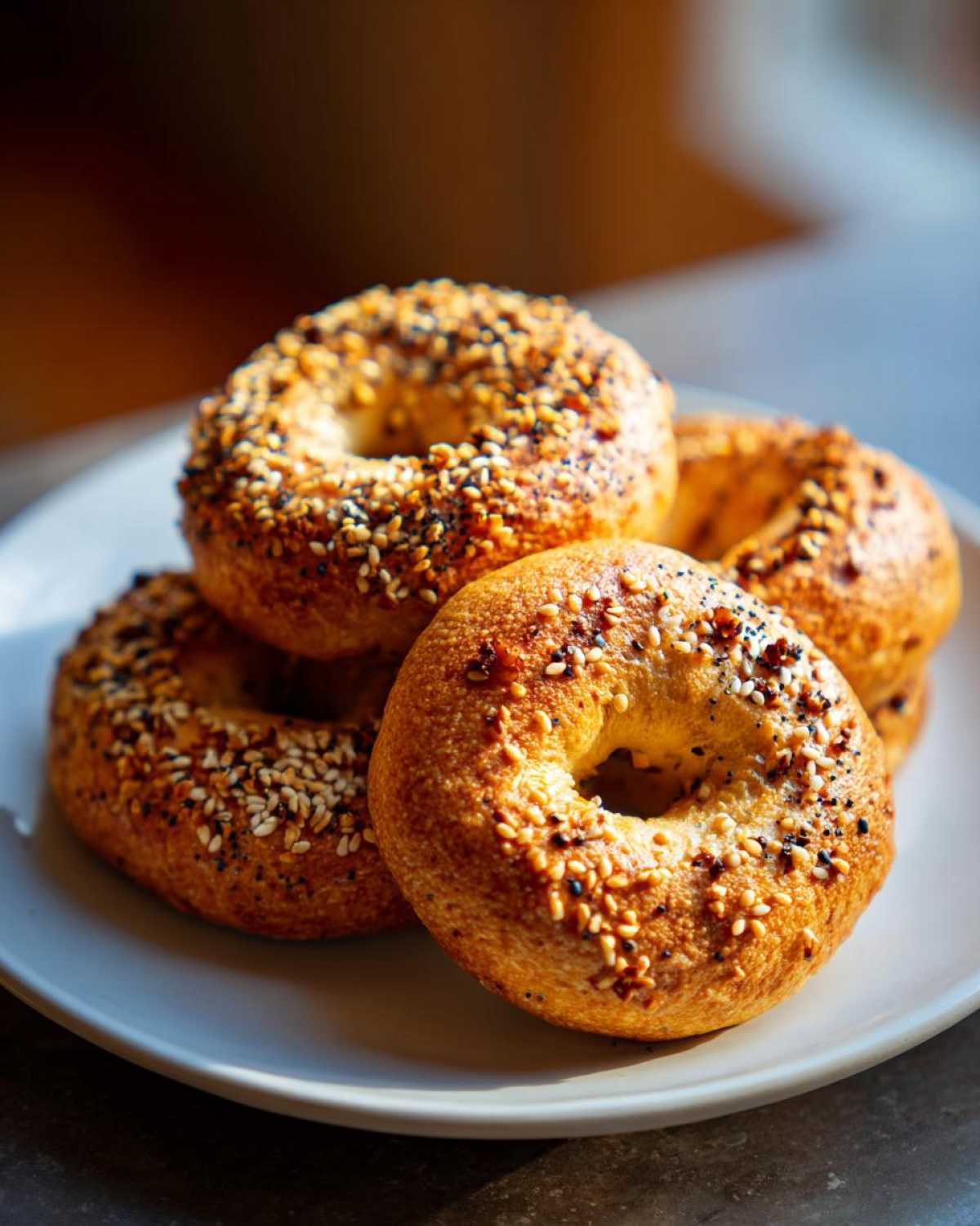 A stack of four golden brown sourdough discard bagels topped with everything seasoning on a white plate.