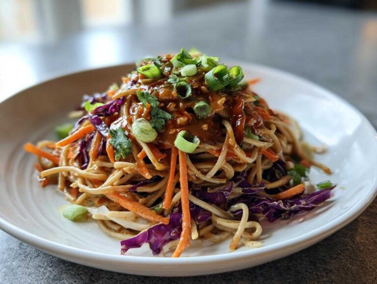 Close-up of Spicy Peanut Soba Noodle Salad tossed with shredded carrots and purple cabbage, topped with scallions.