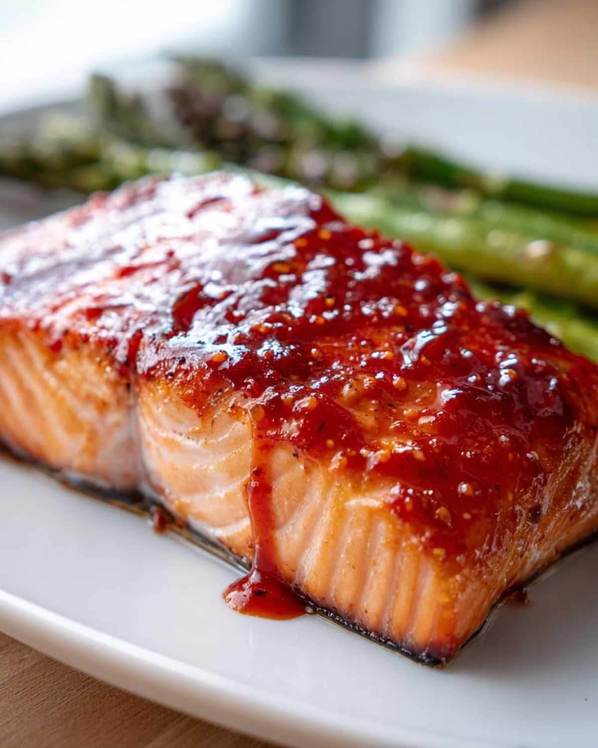 A close-up shot of a perfectly cooked fillet of Spicy Salmon covered in a thick, glossy, reddish-orange glaze, served with asparagus.