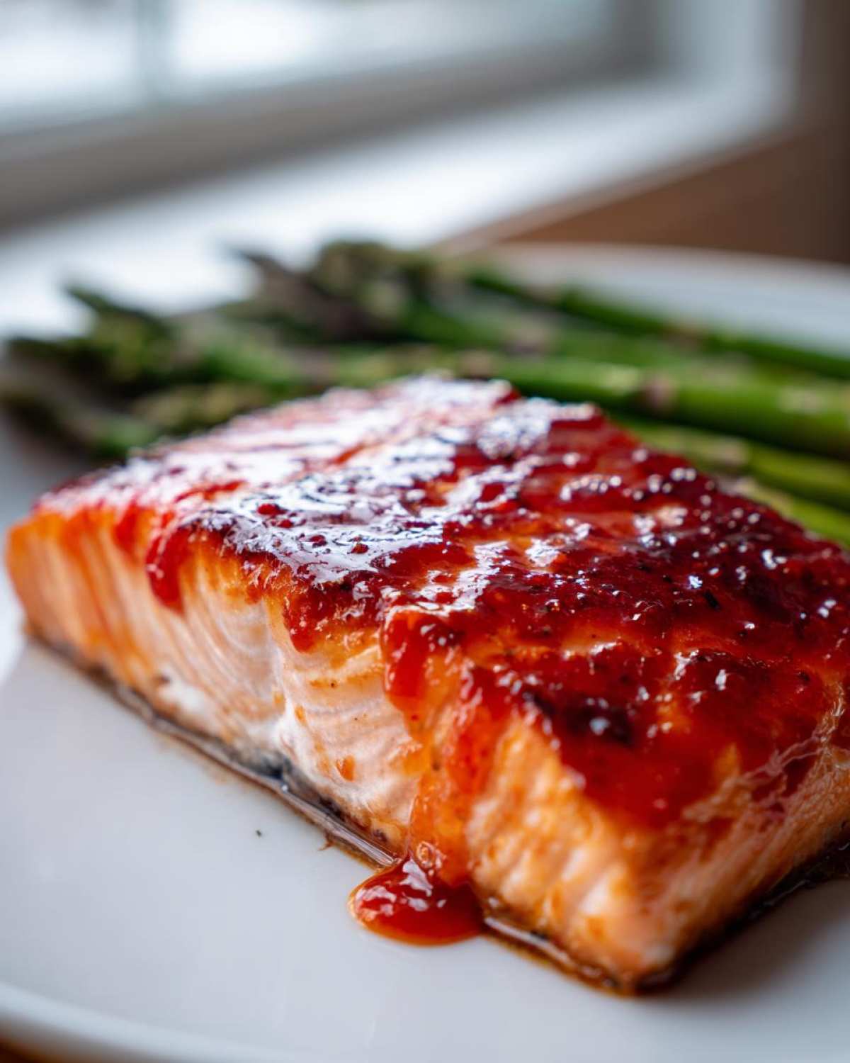 Close-up of a perfectly cooked Spicy Salmon fillet covered in a thick, glossy red glaze, served with green asparagus.