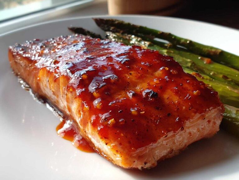 3 Amazing Spicy Salmon Glaze Secrets Close-up of a perfectly cooked fillet of Spicy Salmon coated in a thick, glossy red glaze, served next to roasted asparagus.