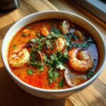 Close-up of a white bowl filled with bright orange and red tom yum soup, featuring large shrimp and fresh cilantro.