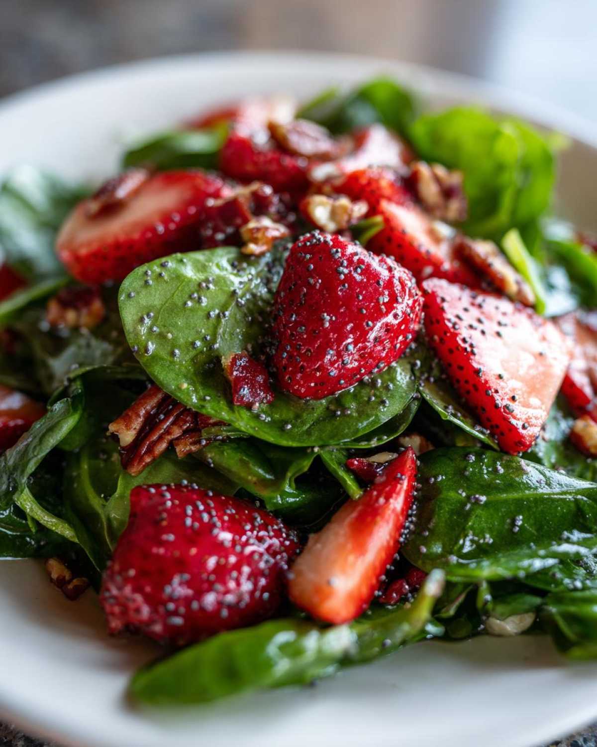 Close-up of vibrant Spinach and Strawberry Salad tossed with pecans and sprinkled heavily with poppy seeds.