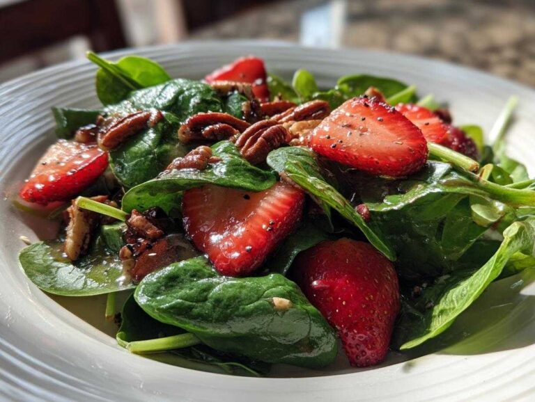 A close-up of a fresh Spinach and Strawberry Salad tossed with pecans and a light vinaigrette.