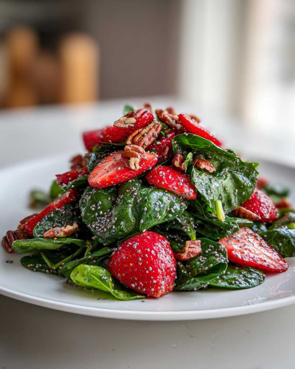 A mound of fresh Spinach and Strawberry Salad topped with pecans and chia seeds on a white plate.