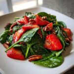 Close-up of a fresh Spinach and Strawberry Salad tossed with pecans and chia seeds on a white plate.