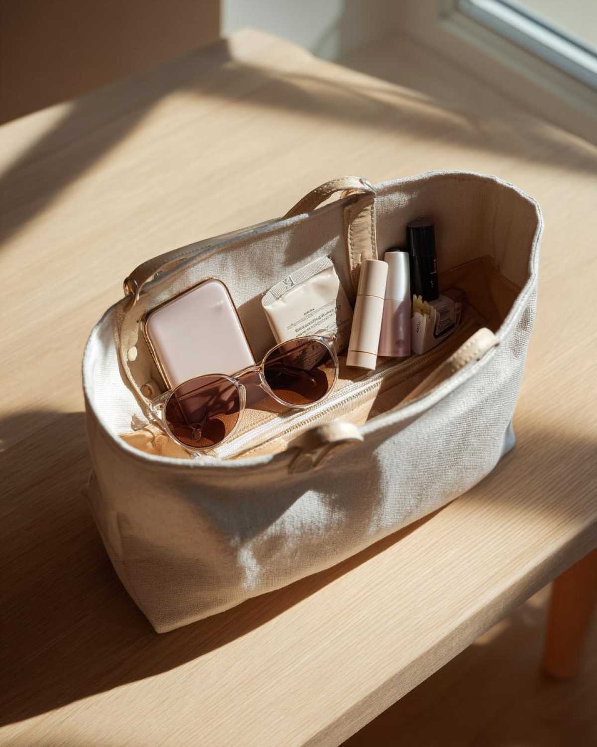 Open canvas tote showing items for 'What's in your spring bag?', including sunglasses, cosmetics, and a phone.