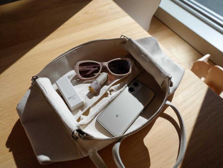Overhead view of items inside an open canvas tote bag, showing what's in your spring bag: a phone, sunglasses, and cosmetics.