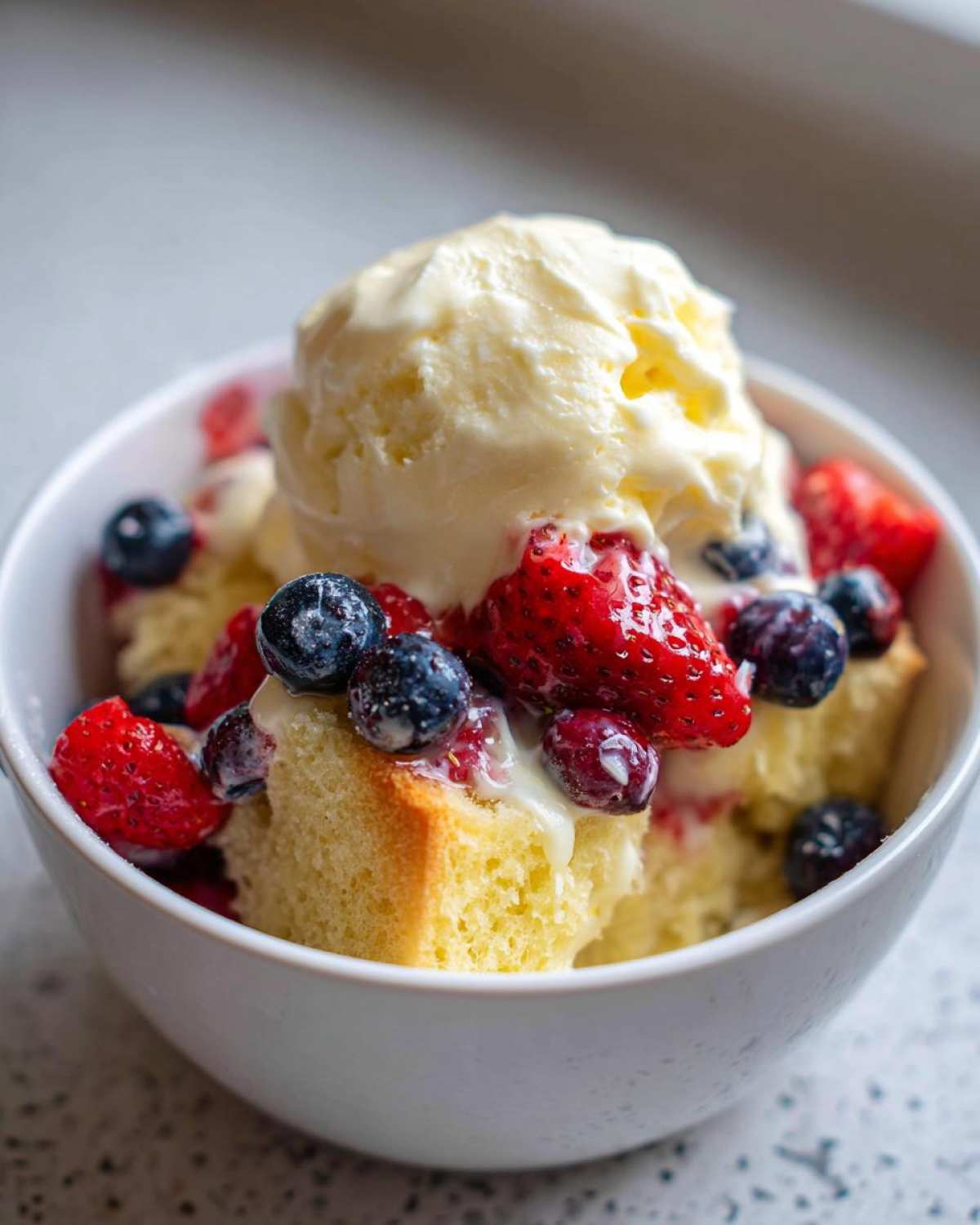 Close-up of a serving of Spring Berry Trifle Dessert featuring cake, fresh strawberries, blueberries, and vanilla ice cream.