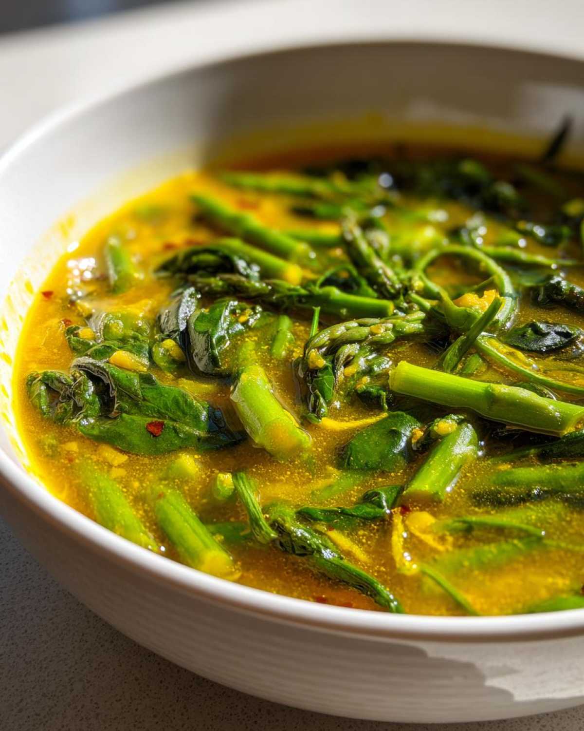 Close-up of vibrant green asparagus and spinach in a bright yellow Spring Detox Soup with Ginger Turmeric.