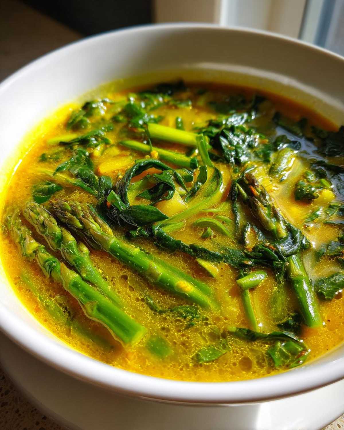Close-up of a vibrant Spring Detox Soup with Ginger Turmeric featuring bright green asparagus and spinach in a golden broth.
