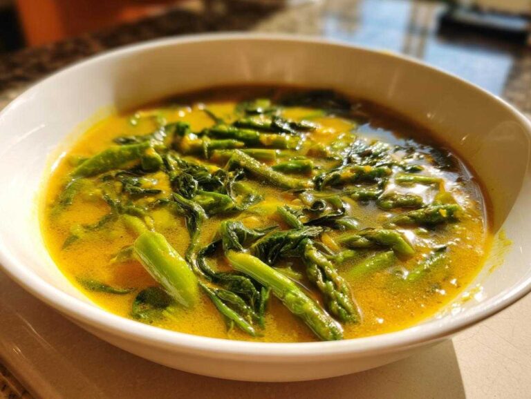Close-up of a white bowl filled with vibrant yellow Spring Detox Soup with Ginger Turmeric, featuring bright green asparagus and leafy greens.