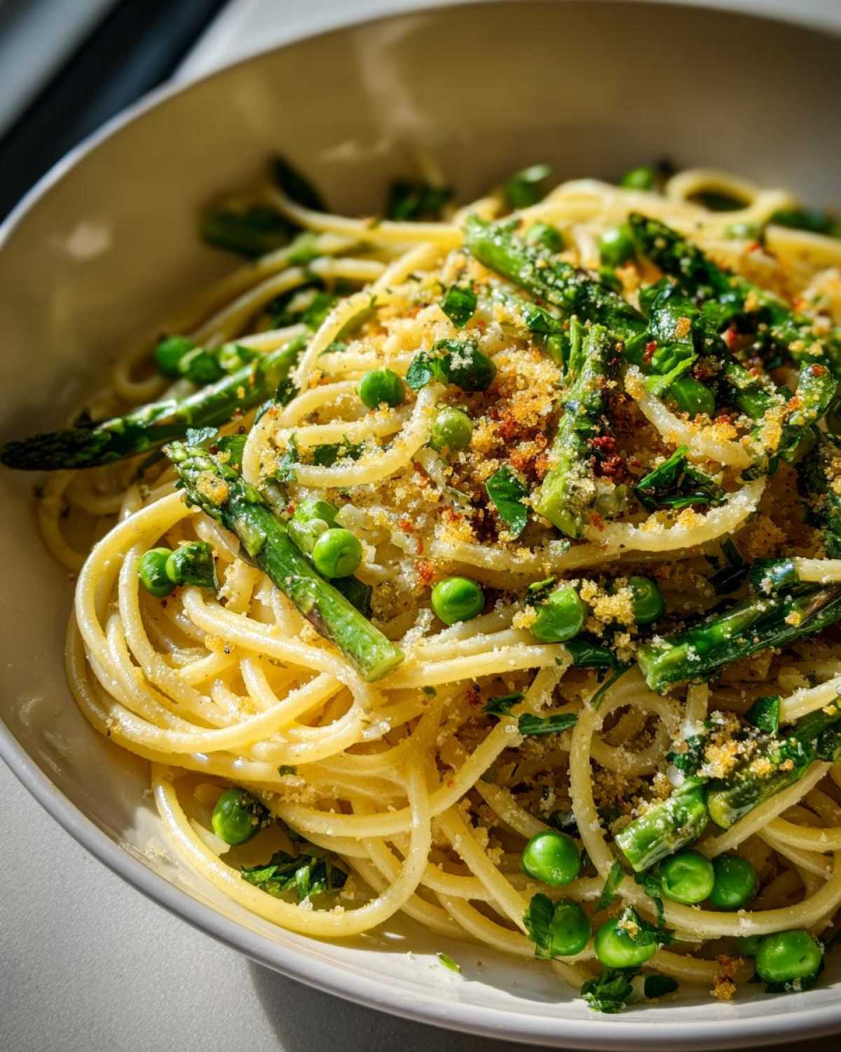 Close-up of a bowl of Spring Pasta with Garlic and Olive Oil, featuring spaghetti, bright green peas, asparagus, and toasted breadcrumbs.