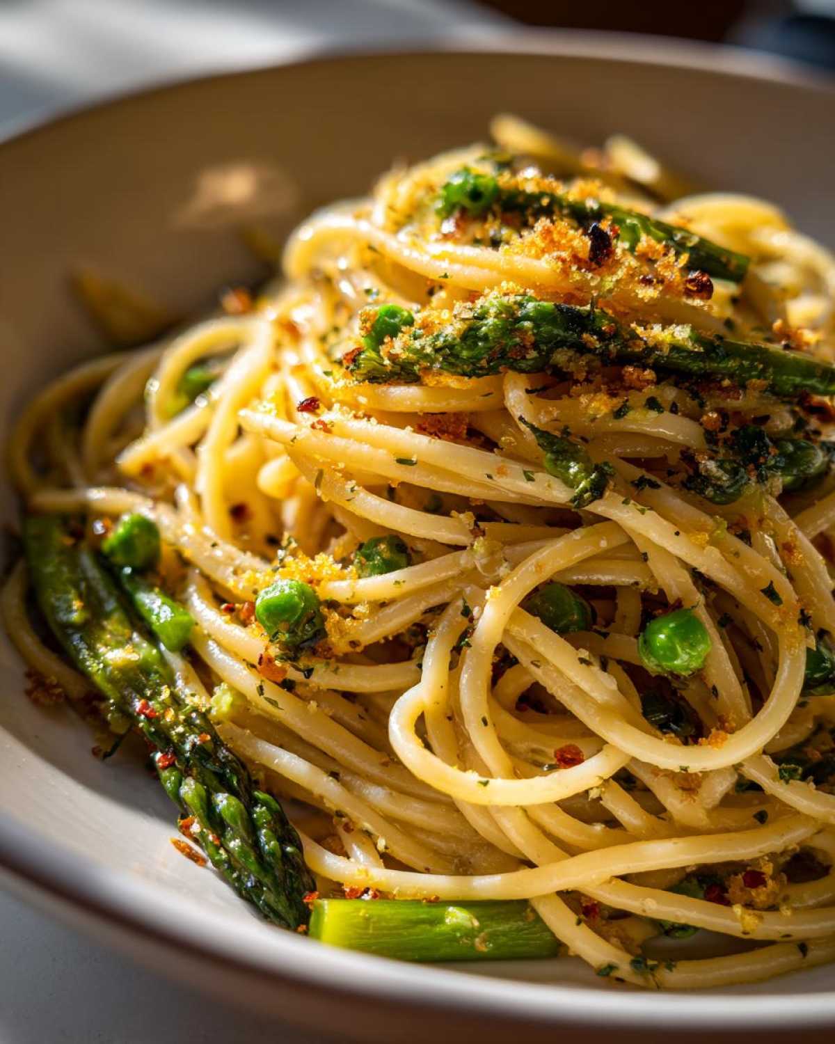 Close-up of Spring Pasta with Garlic and Olive Oil, featuring bright green asparagus, peas, and toasted breadcrumbs.