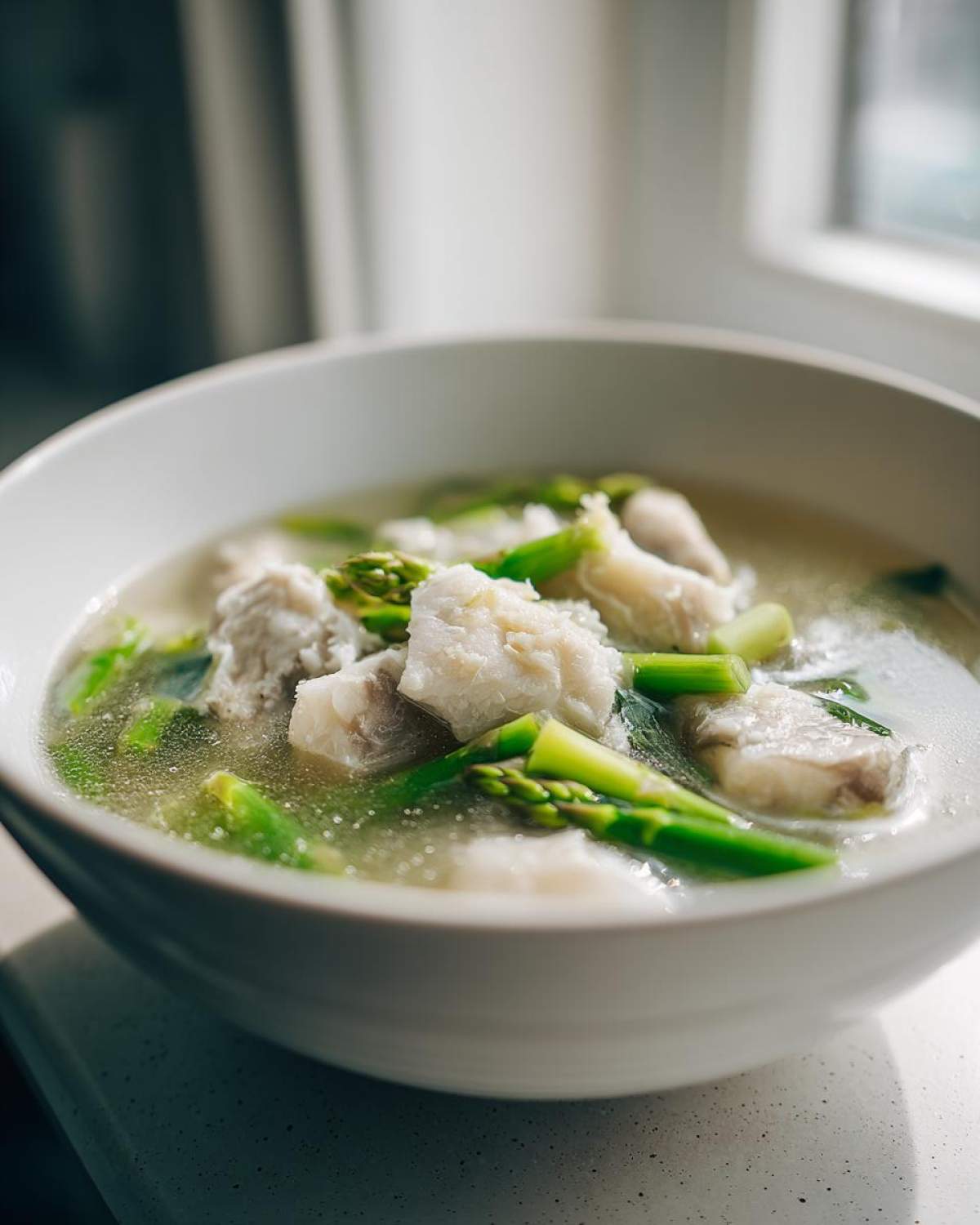 A close-up of a white bowl filled with light broth, chunks of white fish, and bright green asparagus pieces, representing Spring Soup with White Fish.