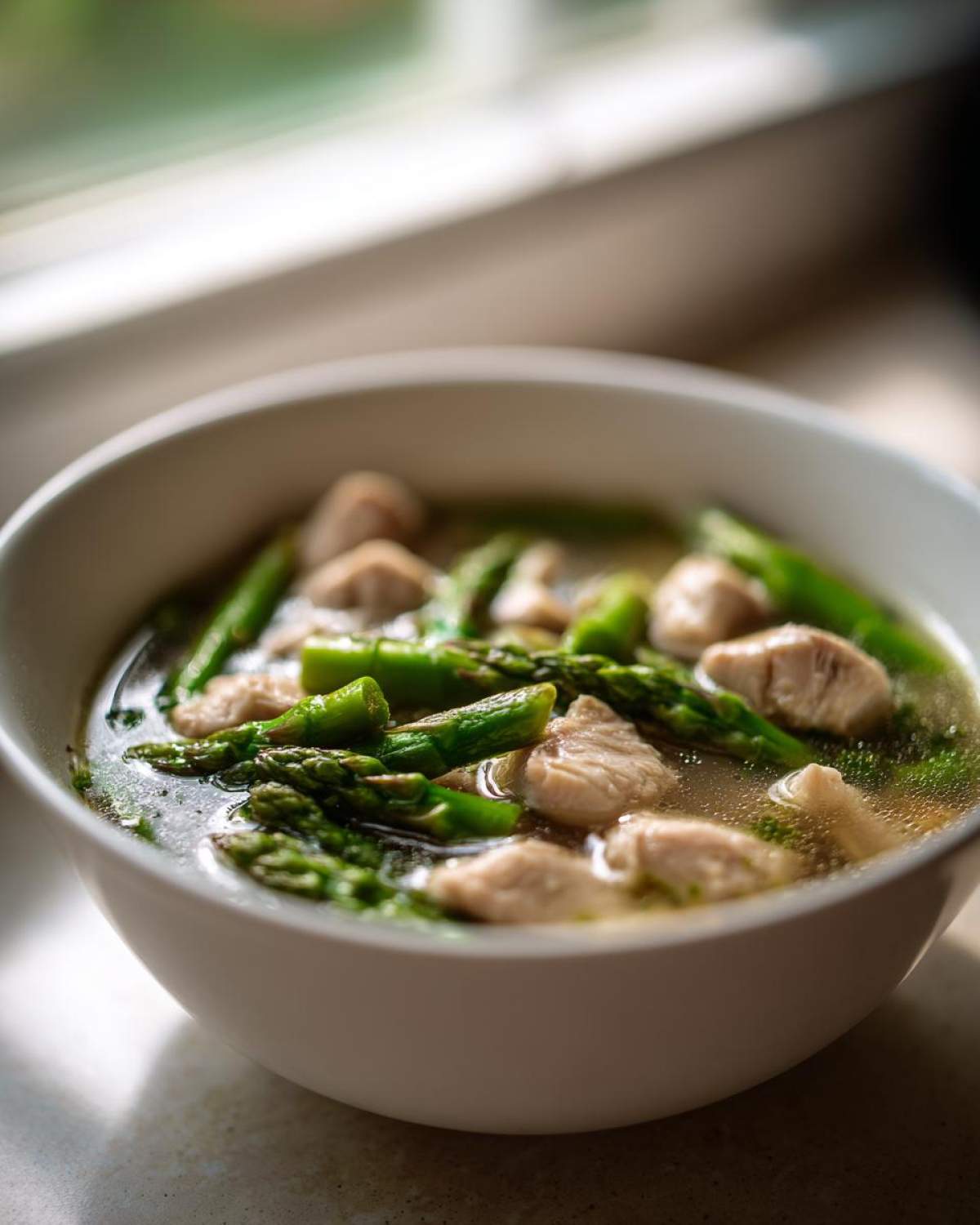 Close-up of a bowl of Spring Soup with White Fish, featuring chunks of white fish and bright green asparagus spears in broth.