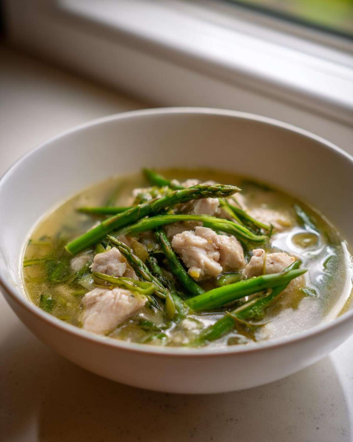 Close-up of a bowl of Spring Soup with White Fish featuring chunks of white fish and bright green asparagus in a light broth.
