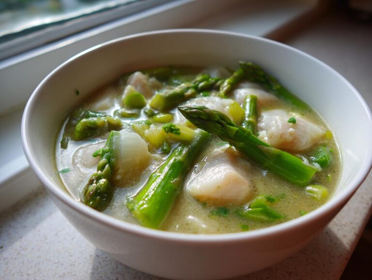 Close-up of a white bowl filled with creamy Spring Soup with White Fish, featuring bright green asparagus spears and chunks of white fish.