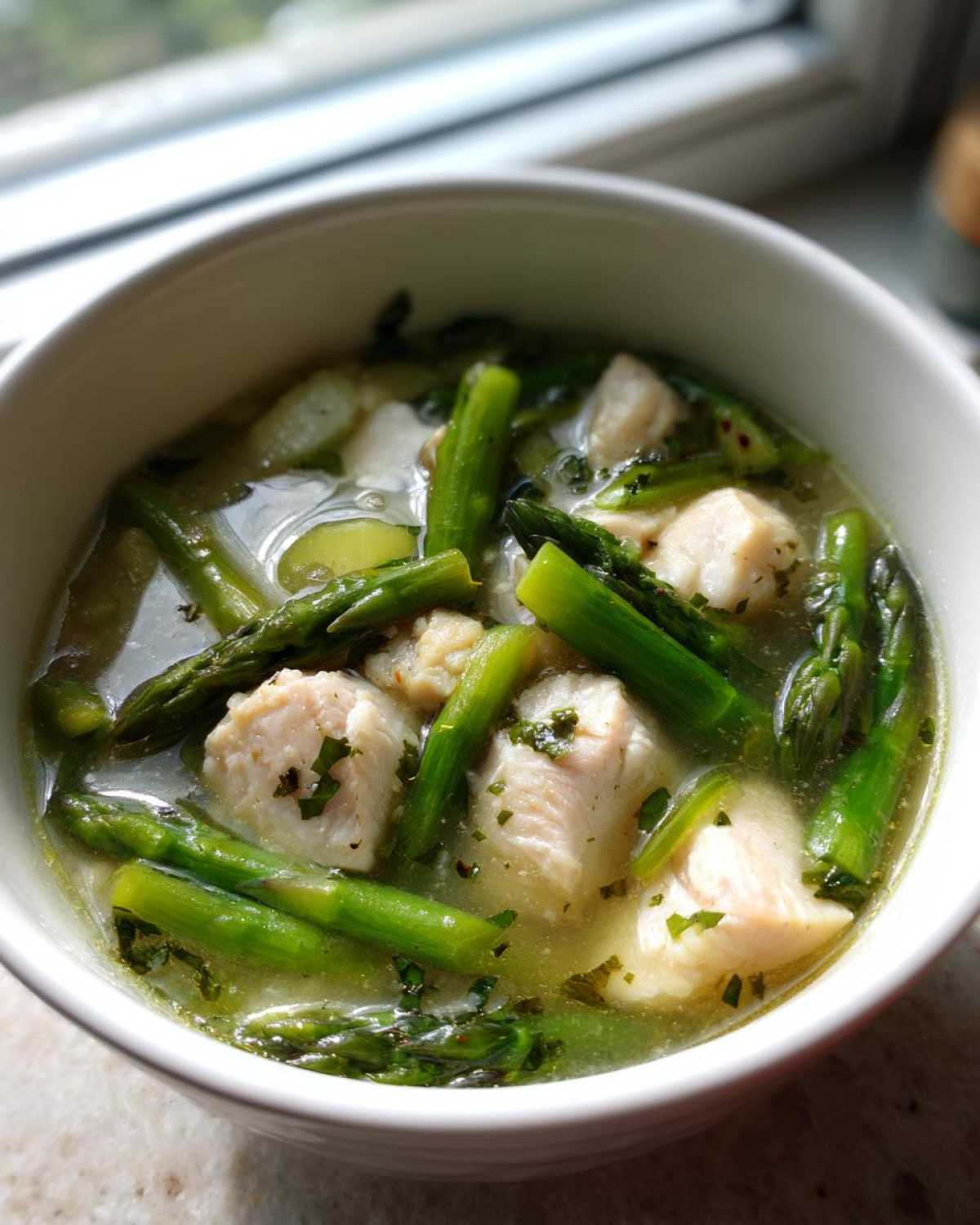 A close-up view of a white bowl filled with Spring Soup with White Fish, featuring chunks of white fish and bright green asparagus spears in a light broth.