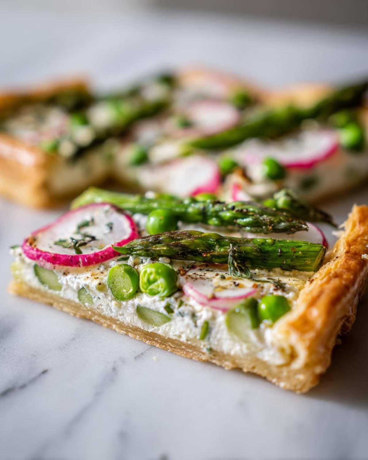 Close-up of a slice of Spring Vegetable Tart with Puff Pastry, topped with asparagus, peas, and radish.