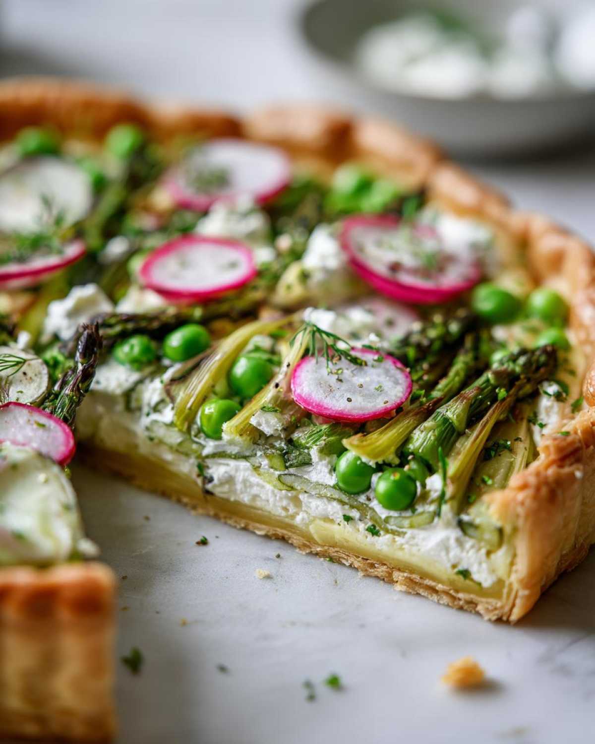 Close-up of a slice of Spring Vegetable Tart with Puff Pastry, topped with asparagus, peas, radishes, and cheese.