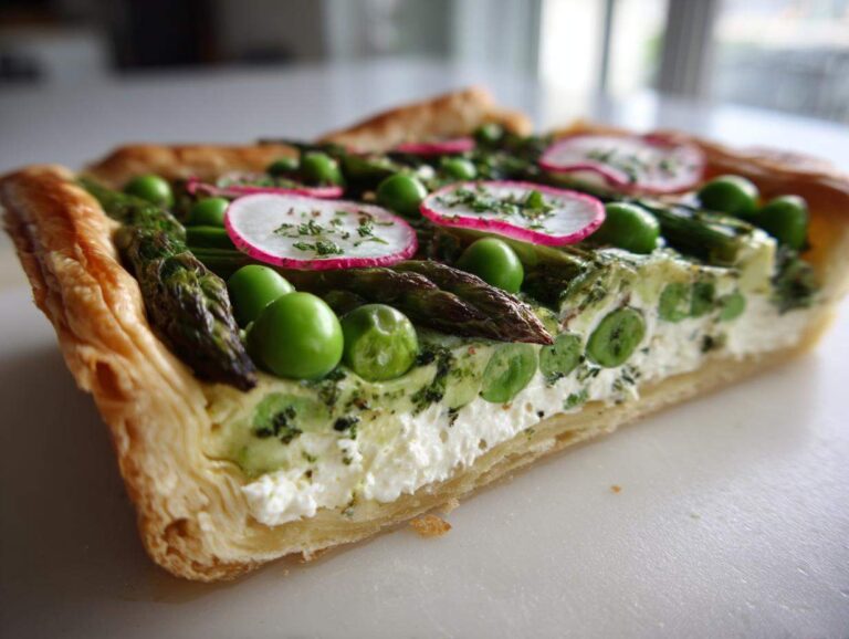 Close-up of a slice of Spring Vegetable Tart with Puff Pastry, featuring asparagus, peas, and radish.