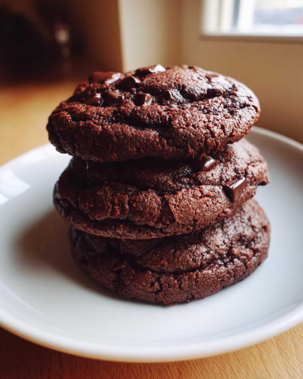 A stack of three dark, fudgy Chocolate Chocolate Chip Cookies topped with melted chocolate chunks on a white plate.